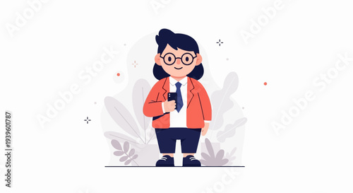 Cheerful person in business attire, holding a smartphone, with stylized foliage