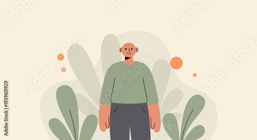 Abstract illustration of a bald person in green shirt and gray pants, with organic shapes and circles