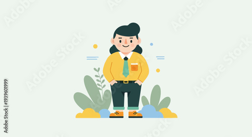 A cheerful character with arms akimbo in a yellow shirt, dark pants, and green tie