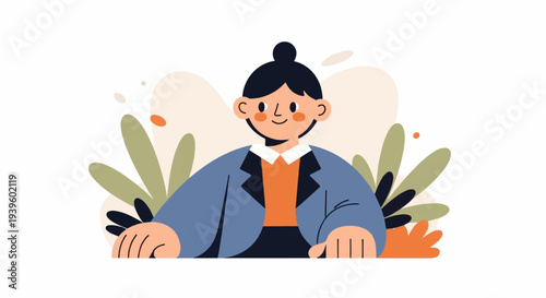 A person with a bun and blazer stands among abstract shapes and plants
