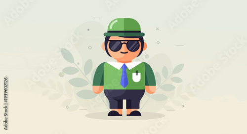 Stylized cartoon man in green shirt, blue tie, dark pants, bowler hat, and sunglasses