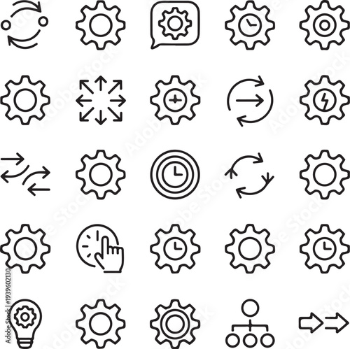 A collection of outlined gear icons alongside various related process and settings symbols on a white background