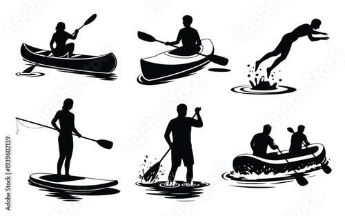 Water sports activity silhouettes, with life vests, black vector illustrations of kayaking, canoeing, rafting and diving, outdoor adventure recreation icons for travel and nature themed designs.