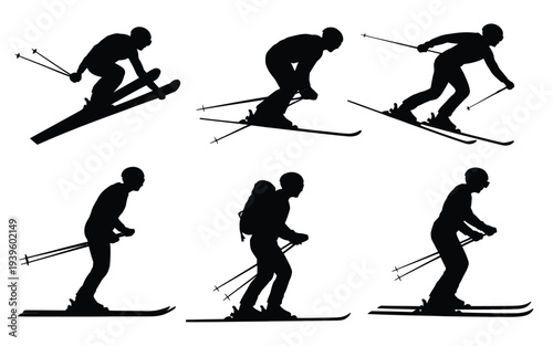 Dynamic skier silhouette, illustrations in black vector style, showing winter sport action, downhill skiing, jumps, and tricks, perfect for adventure, sports, and outdoor design projects