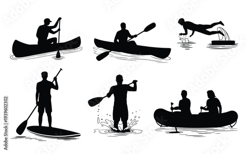 Water activity silhouettes, with life vests, black vector illustrations of kayaking, canoeing, fishing, rafting, and diving, outdoor adventure set for recreation, travel, and nature themed designs