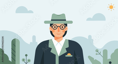 Flat illustration of a person wearing a hat and glasses in a stylized outdoor setting with sun and clouds