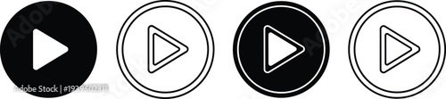 Minimalist set of four circular play button icons in black and white styles, designed for modern media player interface, app UI, and digital technology concepts.