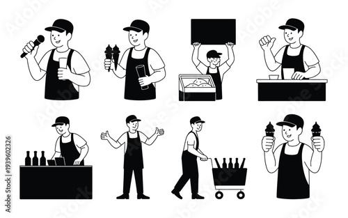 Ice cream vendor silhouettes vector set, food service worker actions with beverage cart and retail counter poses, black illustration of street dessert seller interaction for cafe and market designs.