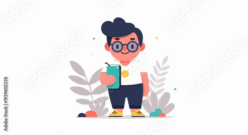 Stylized character with a drink and book amidst foliage