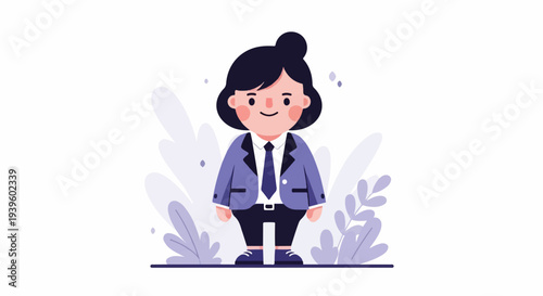 Stylized cartoon figure in business attire, surrounded by abstract purple foliage elements