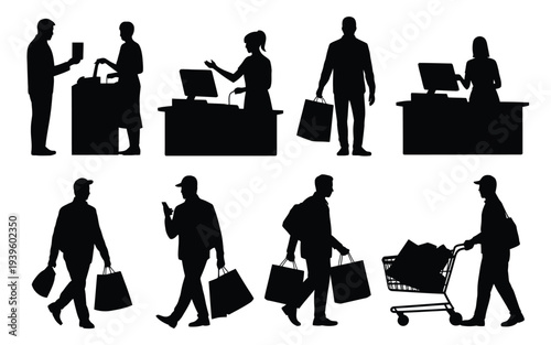 Retail shopping, and cashier silhouettes vector set, black customer and checkout counter icons with shopping bags, consumer interaction scenes for store, supermarket, and commerce design projects