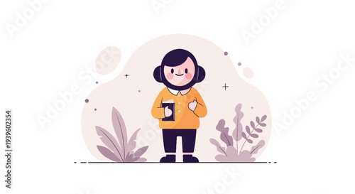 A stylized, smiling person wearing headphones and holding a book, surrounded by abstract shapes and foliage