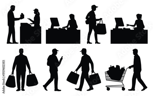 Shopping and cashier silhouettes, vector icon set, black retail interaction illustrations with bag carrying customers and checkout counter scenes, consumer gestures for store, and market.