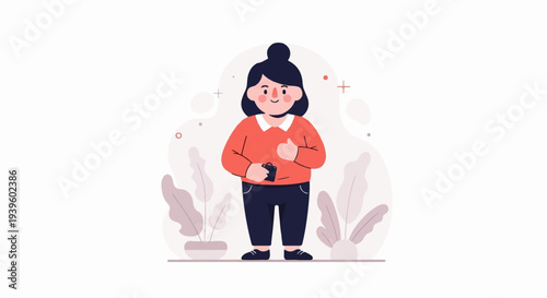 Cartoon style person holding a small bag with plants in the background