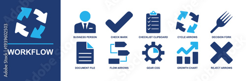 Workflow icon set. Containing business person, check mark, checklist, cycle arrows, document file, flow arrows, gear cog, growth chart, decision fork and more. Solid fill vector icons