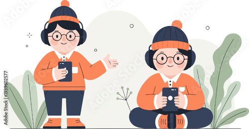 Two cartoon children in winter hats and headphones, one standing, one sitting, both holding phones