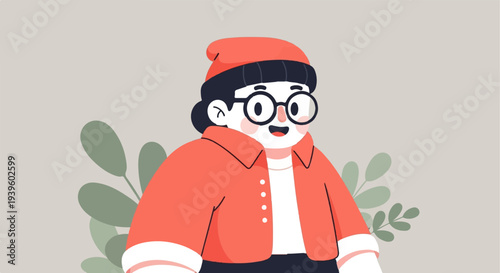 Cheerful cartoon person in a red beanie, jacket, and round glasses
