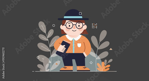 Whimsical character in hat and glasses holding book amidst stylized foliage