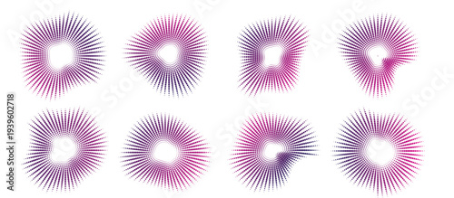 Set of circular purple radial halftone sound wave patterns