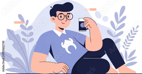 Relaxed person in glasses sitting among plants holding a cup