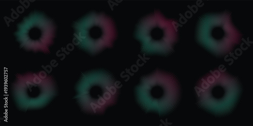 Set of circular green and pink radial halftone sound wave patterns isolated on black background
