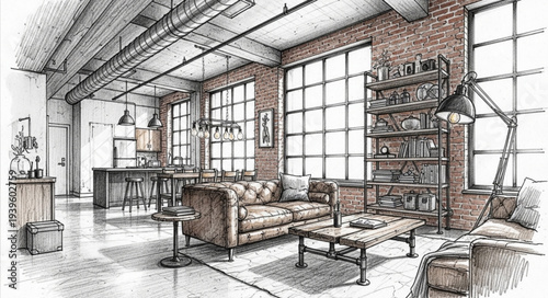 Modern Industrial Living Room Interior Design with Large Windows.