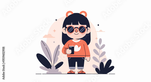 A cartoon character with black hair, sunglasses, and bear ears holds a phone
