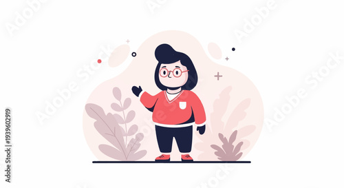 A character with glasses waves, surrounded by plants and abstract shapes