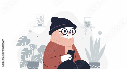 Minimalist character with glasses and scarf holding a phone, surrounded by plants indoors