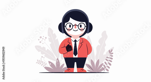 Cheerful cartoon character with headphones, glasses, and a suit, surrounded by stylized plants