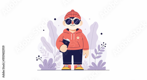 A stylized cartoon character in a red beanie, sunglasses, and hoodie stands holding a book