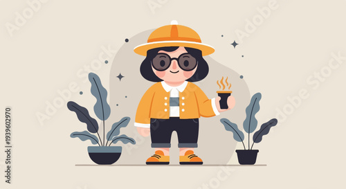 Adorable cartoon person in a hat holding a steaming cup, flanked by plants