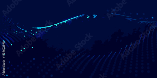 Abstract dark blue background with flowing lines and scattered dots