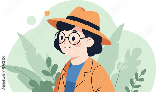 Cheerful character in safari attire, with big glasses, against a soft green botanical backdrop