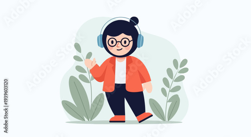 Cheerful person wearing headphones and glasses, with plants