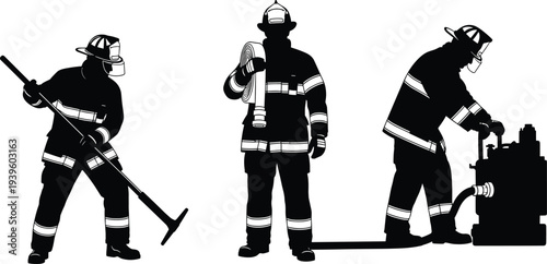 Firefighter silhouettes set, fire rescue team with hose equipment vector icons isolated on white background for safety design