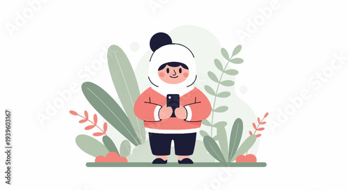 Cute person in winter hat and coat looks at their phone surrounded by plants