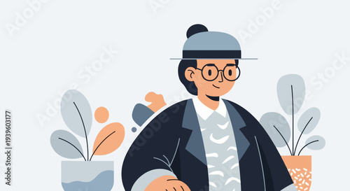 A person wearing a hat and glasses stands in front of potted plants