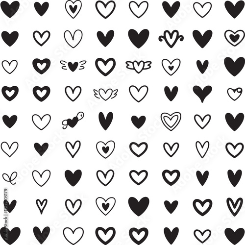 A repeating pattern of various black and white heart shapes filling the entire frame