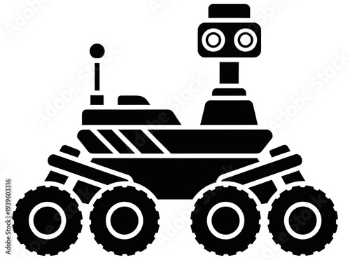 Simple black and white illustration of a robotic rover with large wheels and a camera on a white background