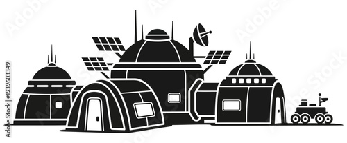 Futuristic mars colony infrastructure with habitats and solar panels for sustainable living on another planet