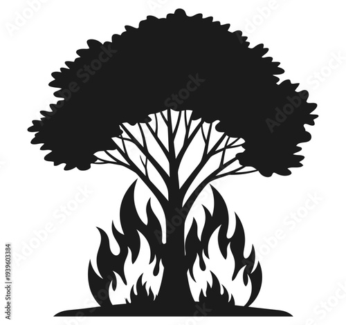 Tree engulfed in flames with dark silhouette against a plain white background illustration
