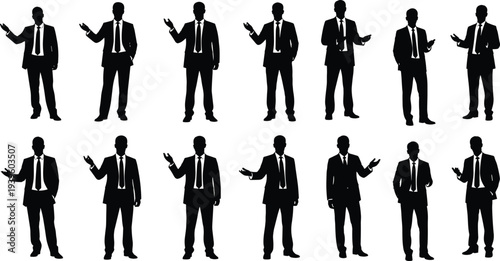 Businessman silhouettes set, standing talking presentation poses vector collection isolated on white 