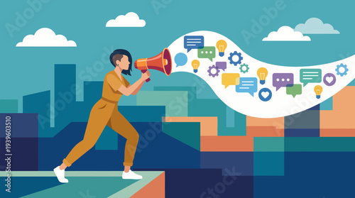 A confident woman uses a megaphone to communicate messages, embodying the essence of activism and engagement in a vibrant urban landscape.