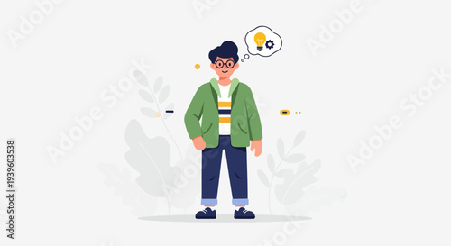 Young person with glasses, thinking of a light bulb idea