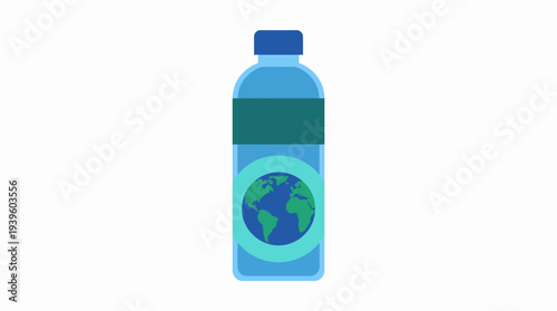 Illustration of a clear water bottle adorned with a planet Earth design on its label, emphasizing sustainability and eco-friendliness in everyday products for a greener planet.
