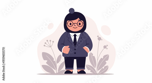 A plump, smiling person in a suit and glasses stands amidst abstract plants and shapes