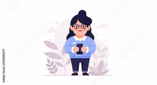 Cartoon person wearing glasses and blue sweater, holding a phone