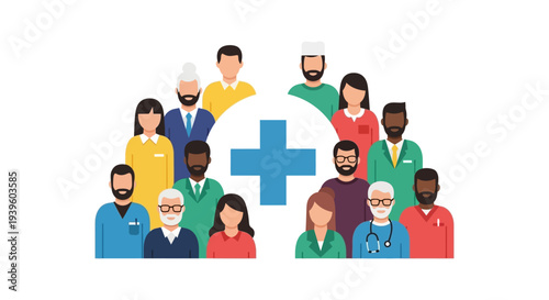 Diverse Healthcare Professionals Team Illustration with Medical Cross Symbol - Global Doctors, Nurses, and Support Staff Community
