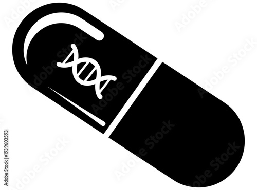 Black capsule with dna symbol on it representing genetic engineering and pharmaceutical industry